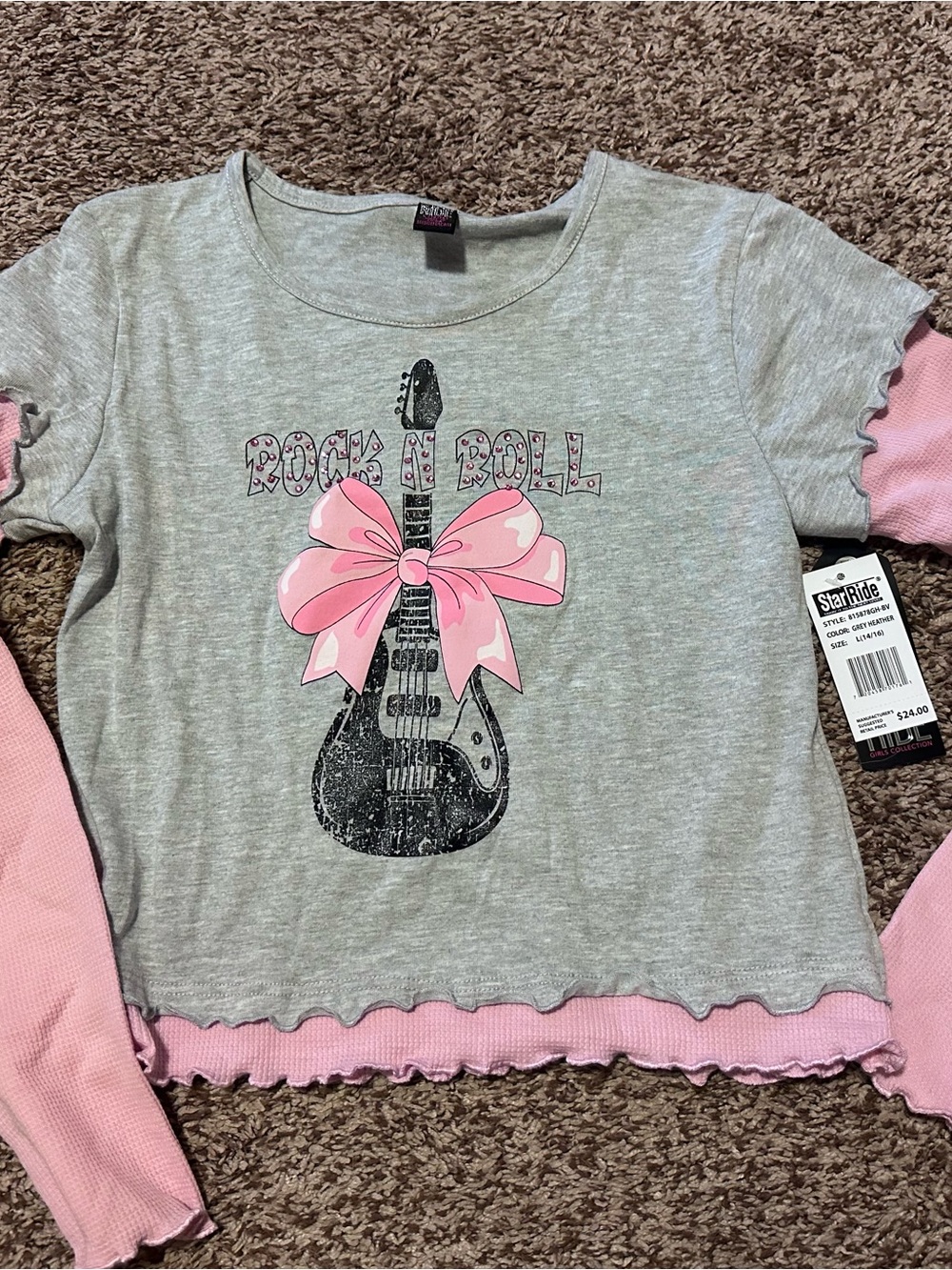 Kids "Rock n Roll" Gray & Pink “Layered look” Long Sleeve Top- NWT Size 14/16
